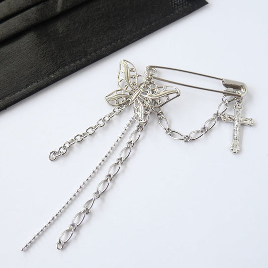 マスクチャーム 安全ピン シルバーカラー チェーン チョウ 蝶