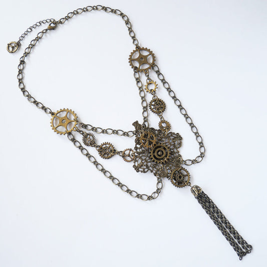 【steampunk】歯車スチームパンク チェーン タッセル アンティークゴールド ギア メタル ネックレス