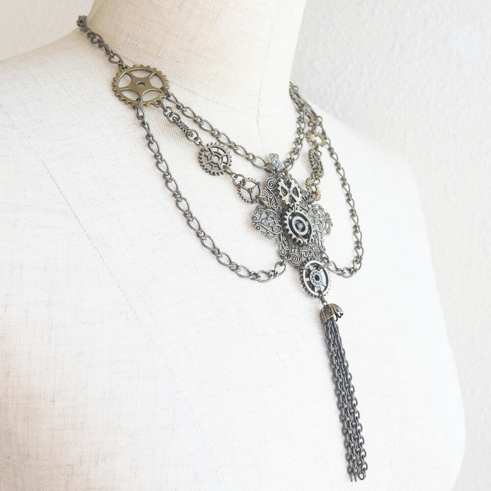 【steampunk】歯車スチームパンク チェーン タッセル アンティークゴールド ギア メタル ネックレス