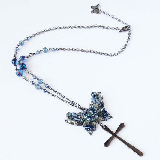 青 蝶 十字架 ネックレス ブルー バタフライ クロス