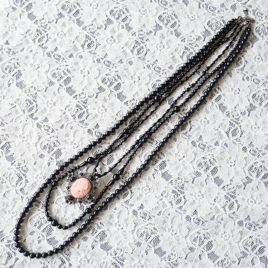 カメオ ブローチ ブラック ボール 3連 ネックレス