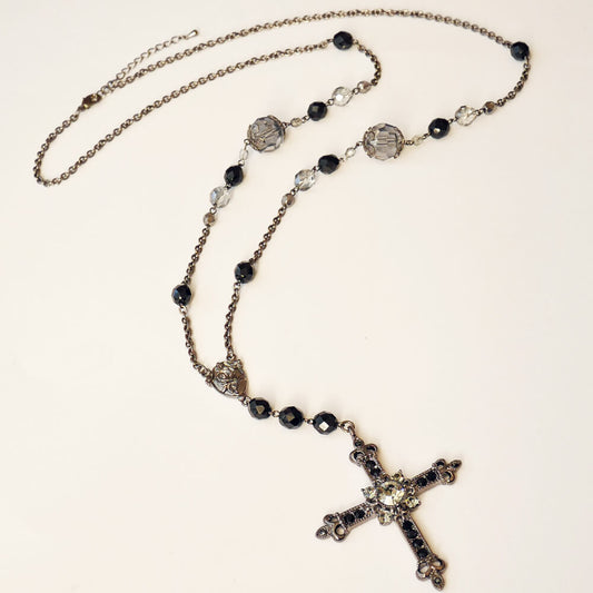 【ゴシック】ブラック クリスタル クロス ロザリオ ネックレス
