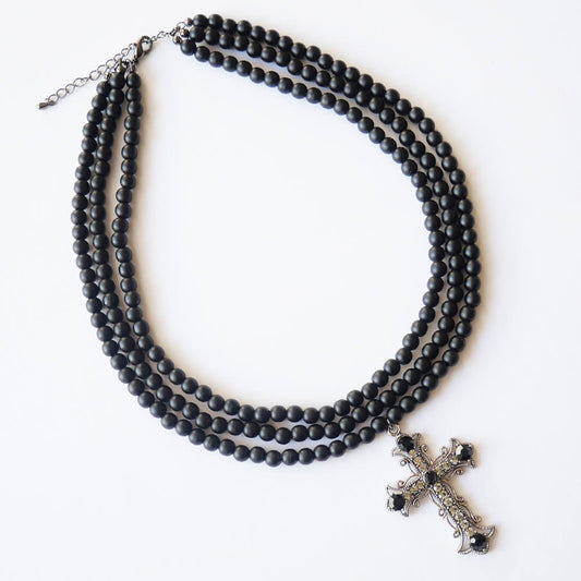 メタル 十字架 マッドブラック 3連 ネックレス 黒 玉