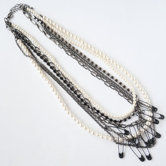 パンク メタル パール ガンメタ ネックレス 安全ピン