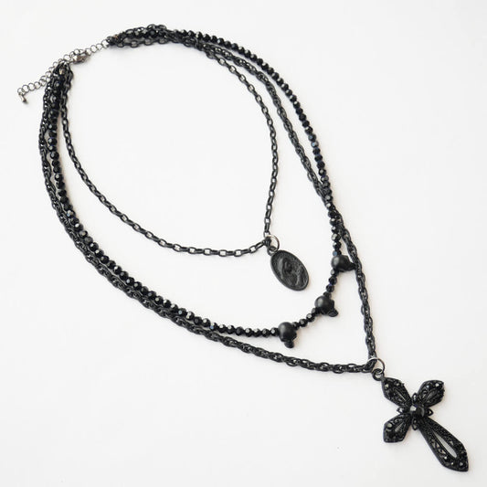 ブラック クロス ドクロ マリア 3連 ネックレス 十字架 髑髏