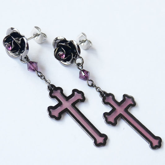 ステンド 十字架 バラ ローズ ピアス