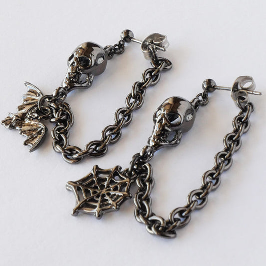 髑髏 蝙蝠 蜘蛛の巣 スカル コウモリ スパイダー チェーン ピアス アシンメトリー