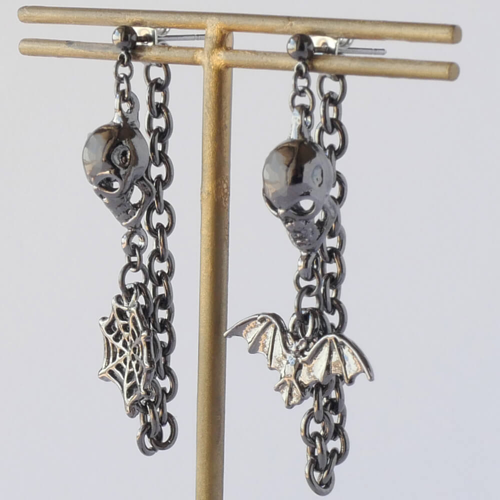 髑髏 蝙蝠 蜘蛛の巣 スカル コウモリ スパイダー チェーン ピアス アシンメトリー