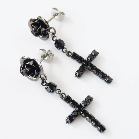 ゴシック 黒薔薇 十字架 ブラック ピアス