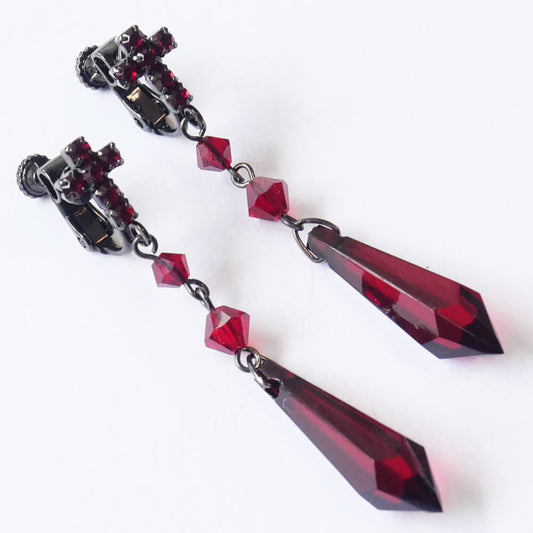 イヤリング クロス ゴスロリ レッド カットパーツ ラインストーン 十字架