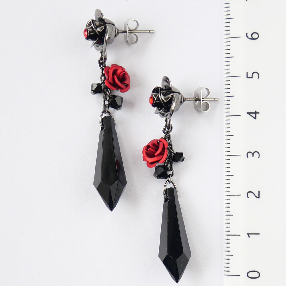 赤薔薇 ロング ピアス ブラックストーン ゴシック ゴスロリ バラ