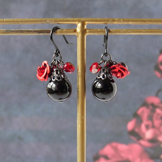 【ノンアレルギー】赤薔薇 黒玉 レッド ローズ ブラック ボール ピアス ゴスロリ