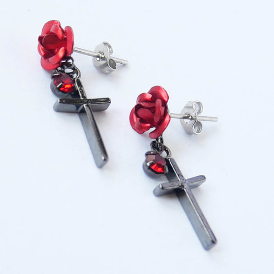 ゴシック 薔薇と十字架 ピアス 赤薔薇 クロス スタッドピアス