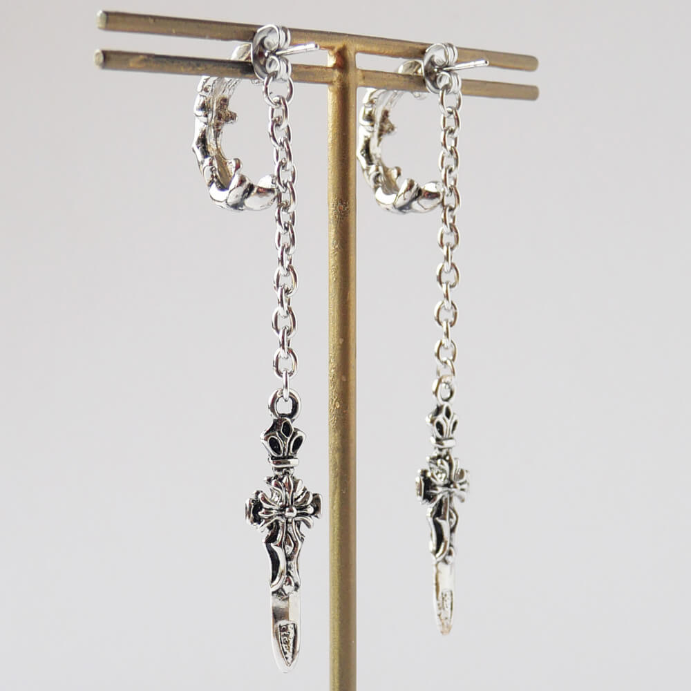 Men's Earrings Dagger Sword Hoop Chain Gothic Punk Rock Silver-Colored Cross Accessory