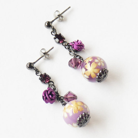 和柄 紫 転写 玉 薔薇 パープルガラス ピアス