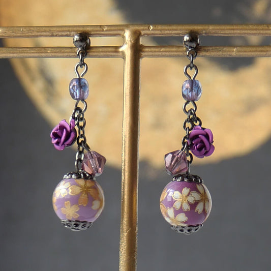 和ゴス ピアス 紫転写玉 紫薔薇 パープルクリスタル 和風 ゴシック レディース
