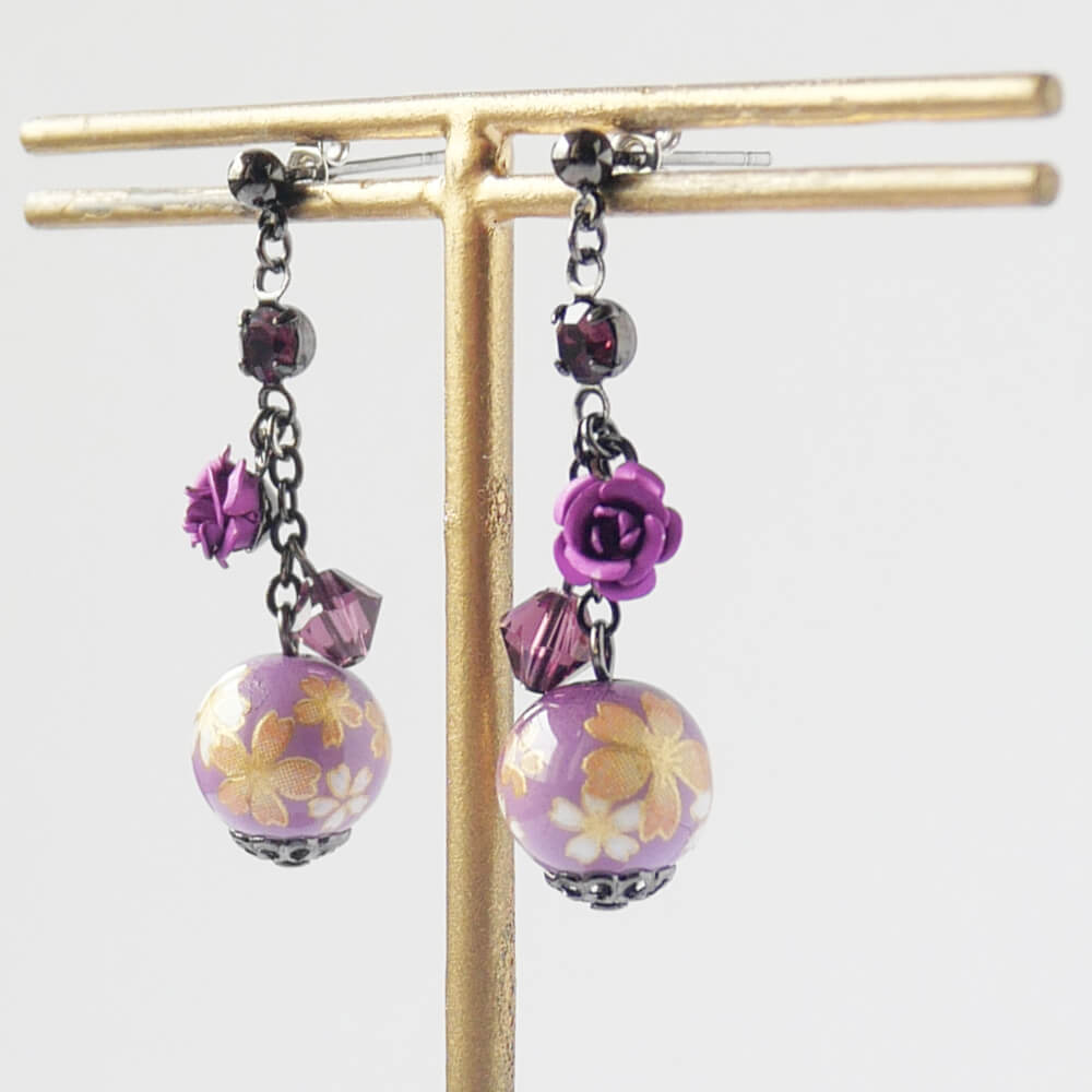 和柄 紫 転写 玉 薔薇 パープルガラス ピアス