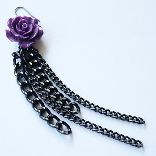 紫 薔薇 ロング ブラック チェーン ピアス(片耳タイプ)