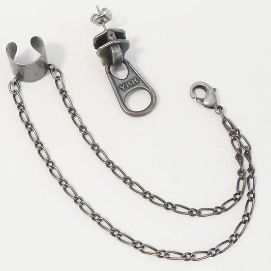 【パンク系】イヤカフ ダブル チェーン&ファスナー ピアス (片耳タイプ)