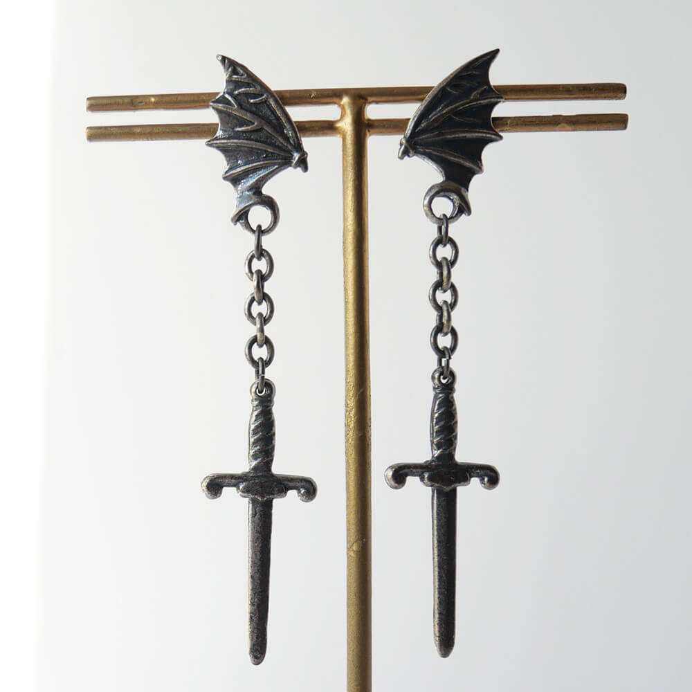 Occult Gothic Bat Wing & Sword Earrings