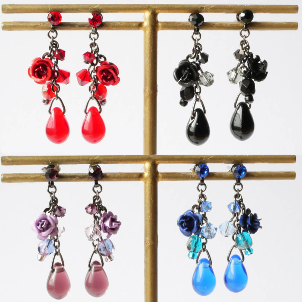 ローズ ドロップ ストーン クリスタル ピアス 薔薇 バラ