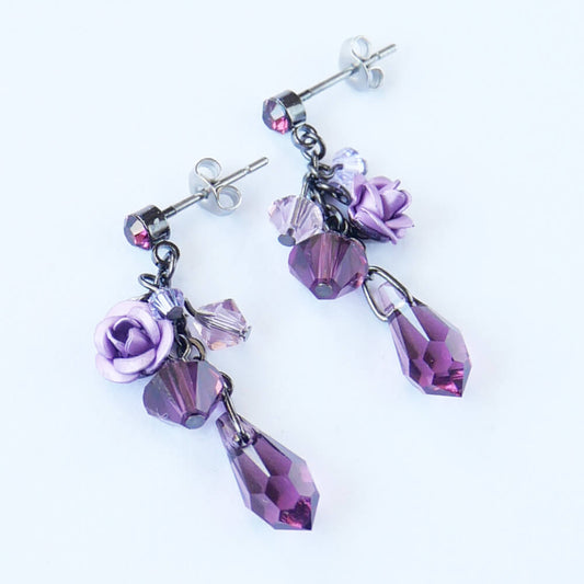 パープル ローズ ドロップ ストーン クリスタル ピアス 紫 薔薇 バラ