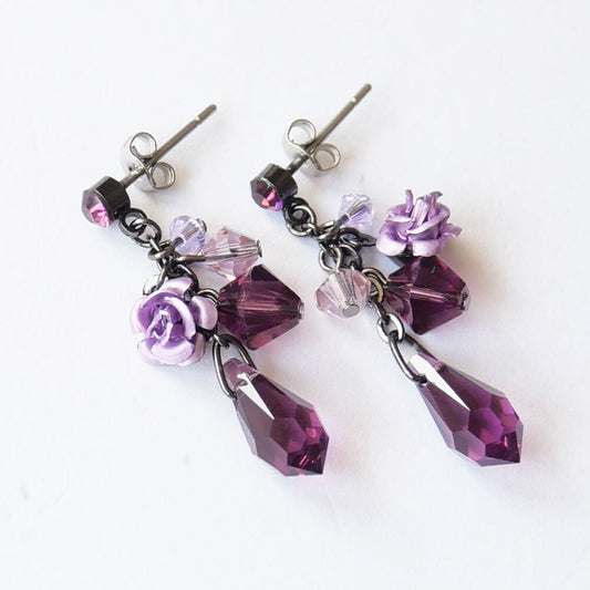 パープル ローズ ドロップ ストーン クリスタル ピアス 紫 薔薇 バラ スワロフスキー