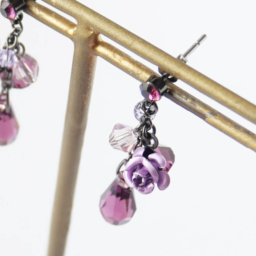 パープル ローズ ドロップ ストーン クリスタル ピアス 紫 薔薇 バラ スワロフスキー