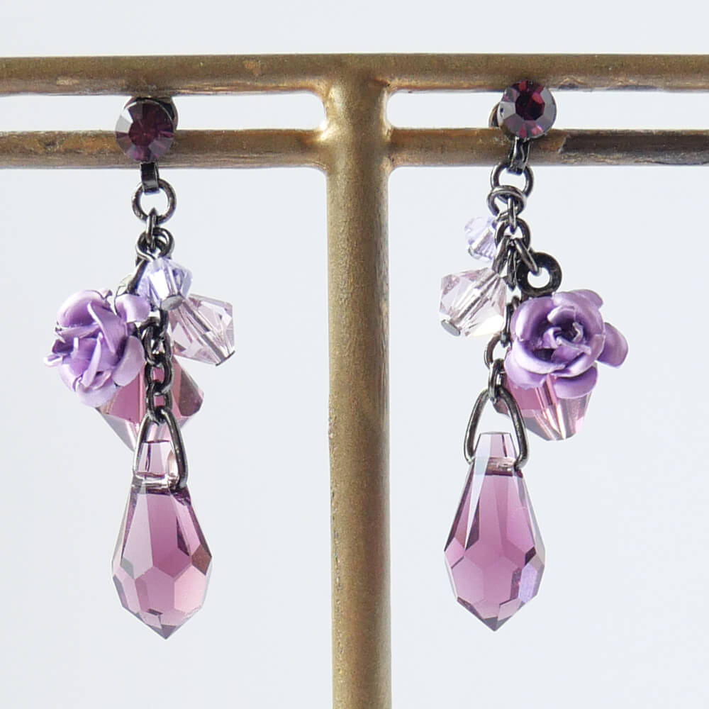 パープル ローズ ドロップ ストーン クリスタル ピアス 紫 薔薇 バラ スワロフスキー