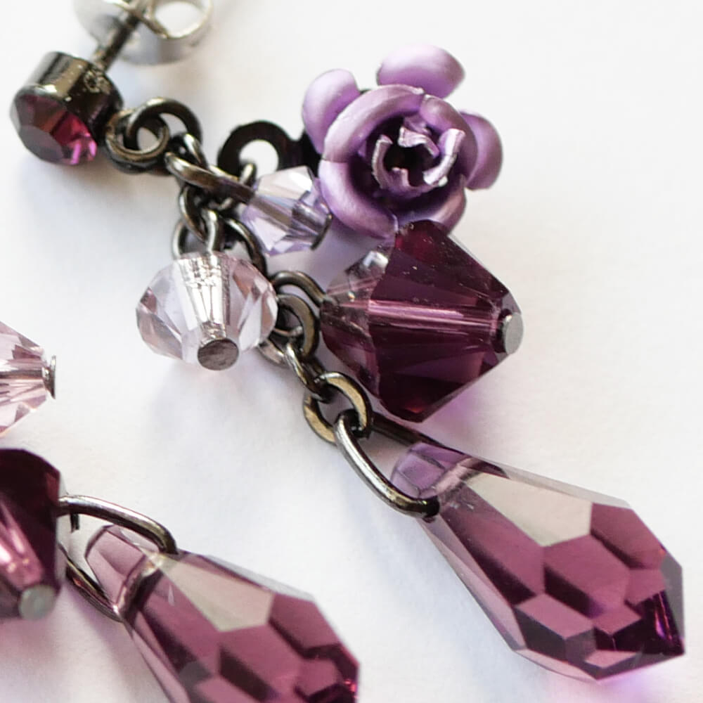 パープル ローズ ドロップ ストーン クリスタル ピアス 紫 薔薇 バラ スワロフスキー