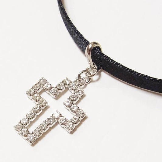 十字架 クロス ラインストーン サテン チョーカー ゴスロリ