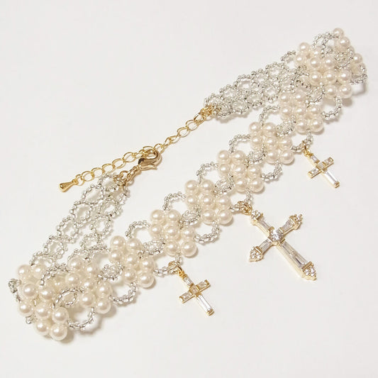 ホワイト パール ビーズ チョーカー キュービック クロス クリスマス パーティ