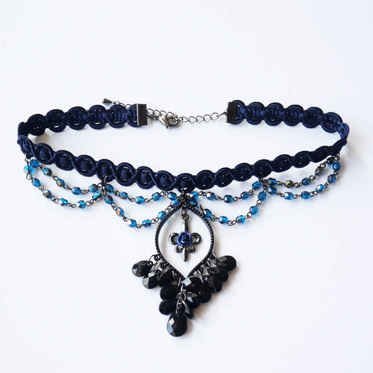 【ゴシック系】青薔薇 百合 ネイビー チョーカー