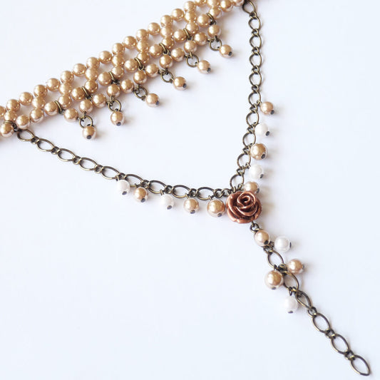 チョーカー ブラウンビーズ 薔薇 イヤリングセット