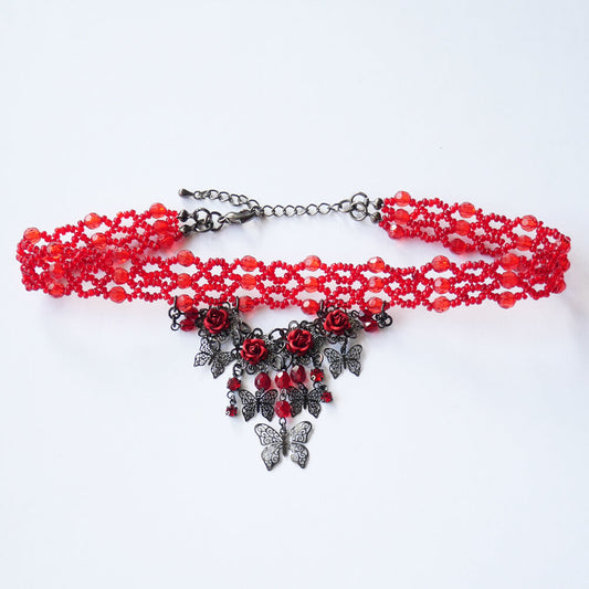 チョーカー レッド ビーズ バラ ゴスロリ 薔薇 蝶