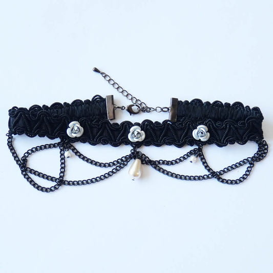 【ゴシック系】3薔薇 ブラック ブレード チョーカー ローズ パール