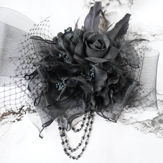 黒薔薇 ブラック ブーケ ネット チュール コサージュ ヘッド アクセサリー