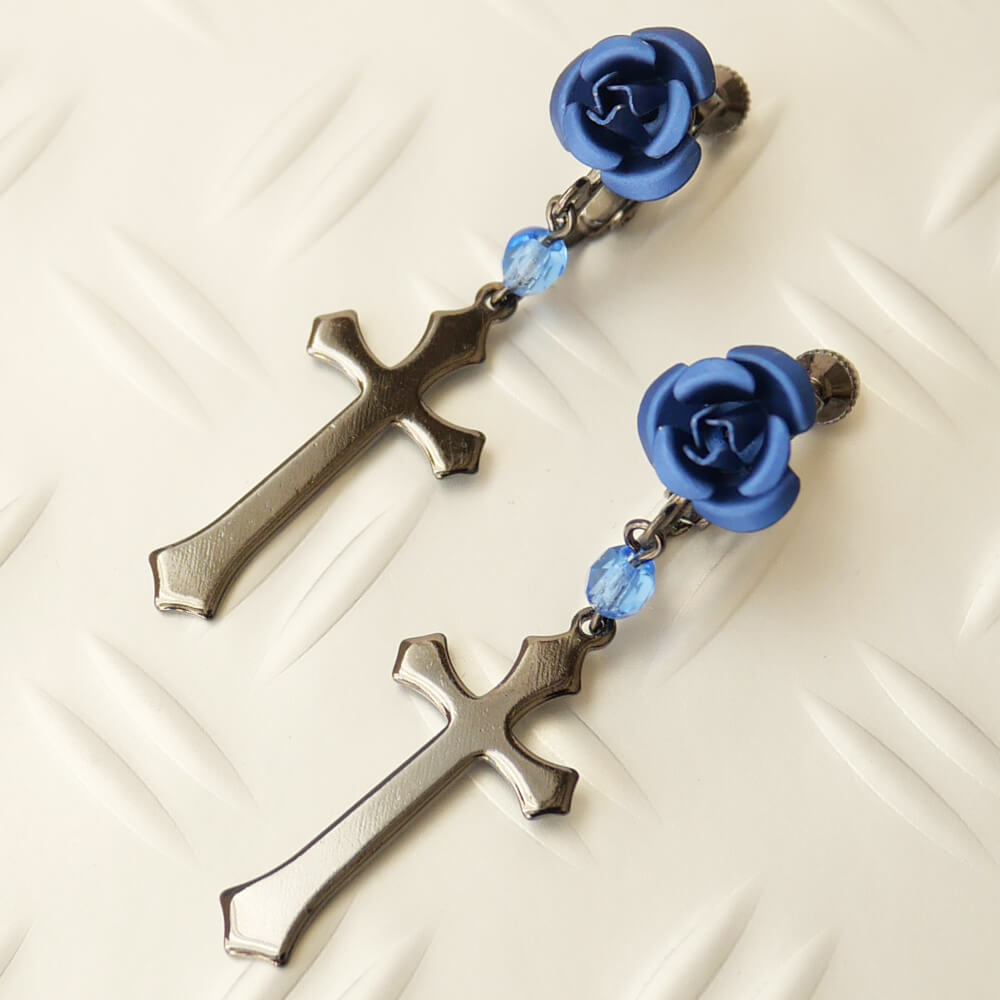 【ローズガーデン】青 薔薇 十字架 ブルー クロス イヤリング