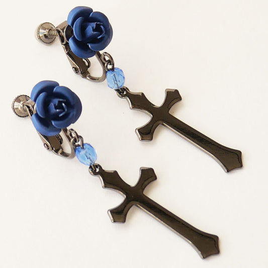 【ローズガーデン】青 薔薇 十字架 ブルー クロス イヤリング