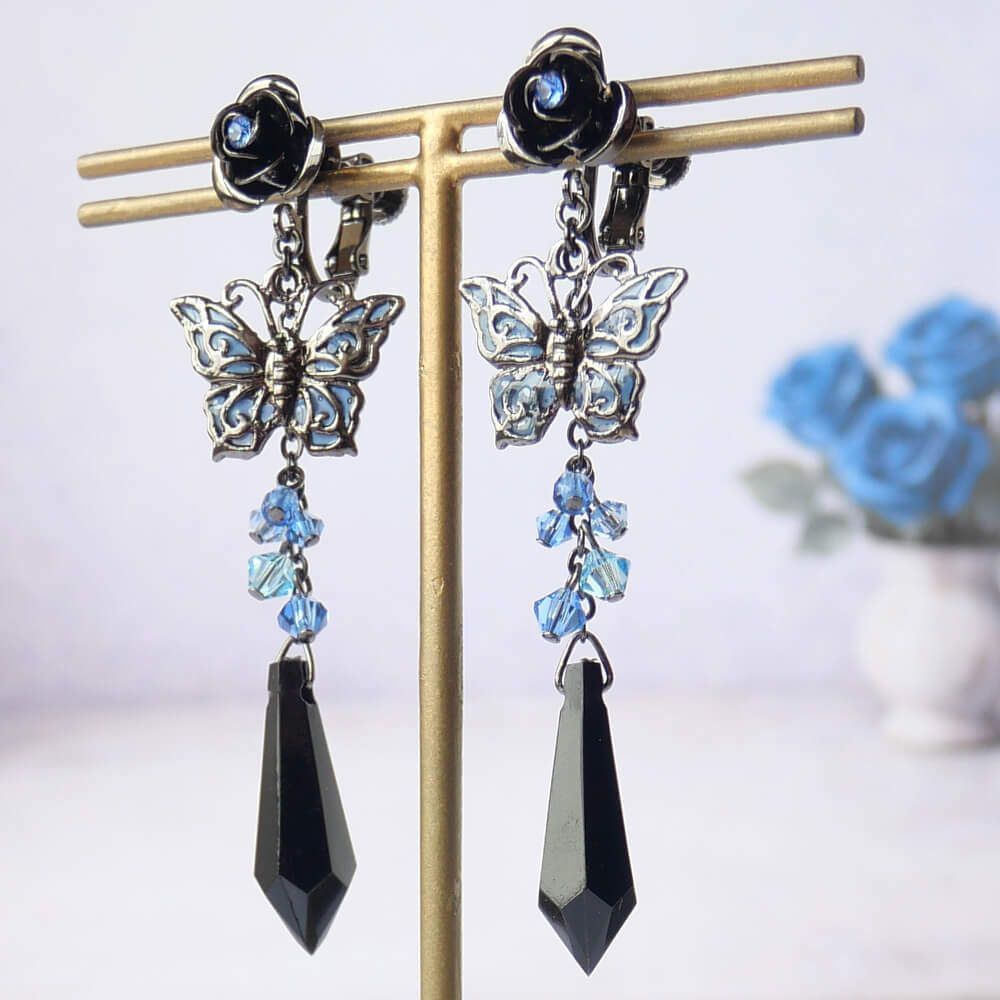 Gothic Black Cut Stained Glass Butterfly Rose Earrings Blue