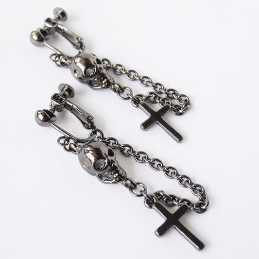 イヤリング ブラック 髑髏 十字架 チェーン ゴシック