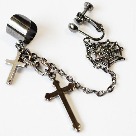 Halloween 蜘蛛の巣 十字架 スパイダー イヤカフ イヤリング ハロウィン(片耳タイプ)