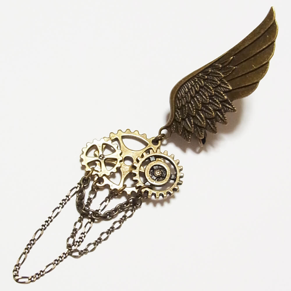 【steampunk】鎖 チェーン 歯車 ギア スチームパンク 羽 イヤリング (片耳タイプ)