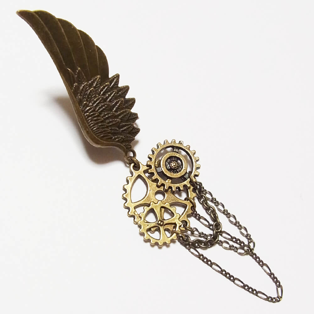 【steampunk】鎖 チェーン 歯車 ギア スチームパンク 羽 イヤリング (片耳タイプ)