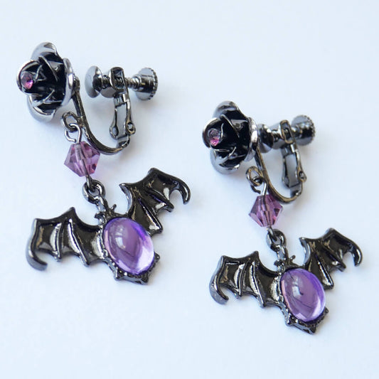 ゴシック Halloween ローズ コウモリ イヤリング ミラーストーン ハロウィン