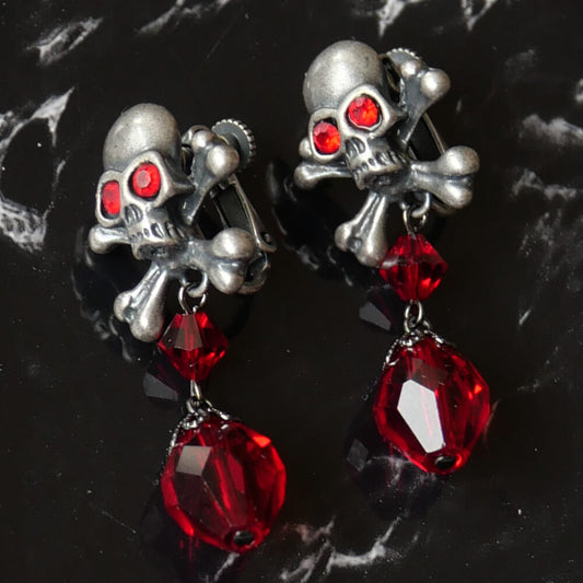 【ゴシックパンク】髑髏 十字架 ドクロ レッド ドロップ イヤリング