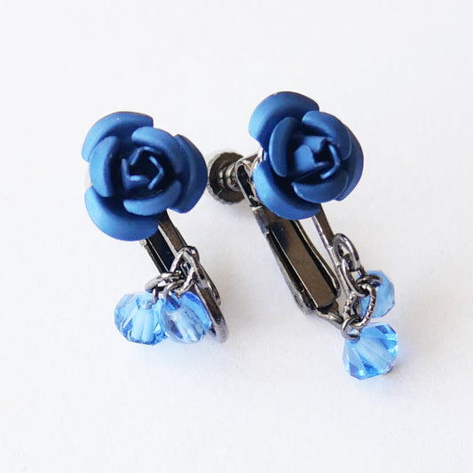 ブルー チェコ クリスタル 青薔薇 ローズ ガンメタ イヤリング