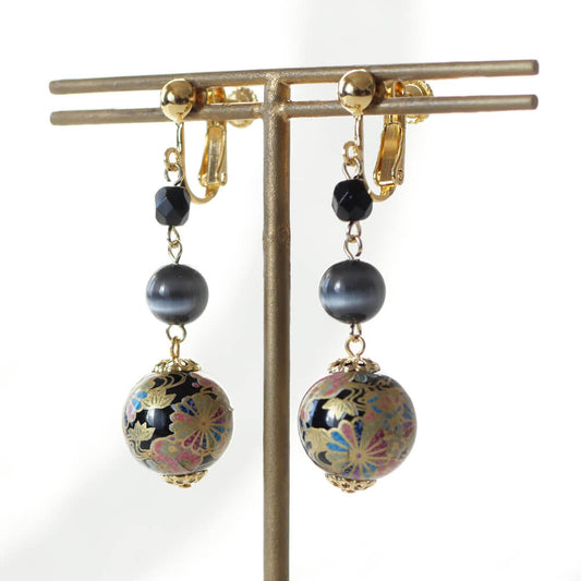 【和風】黒 和 珠 ブラック イヤリング 大ぶり