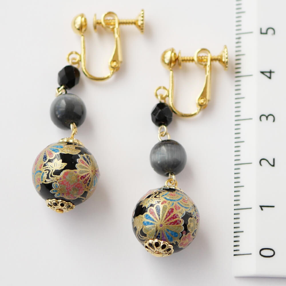 【和風】黒 和 珠 ブラック イヤリング 大ぶり