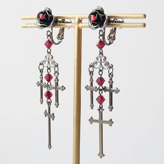 【ゴシック】薔薇&十字架 シャンデリア イヤリング